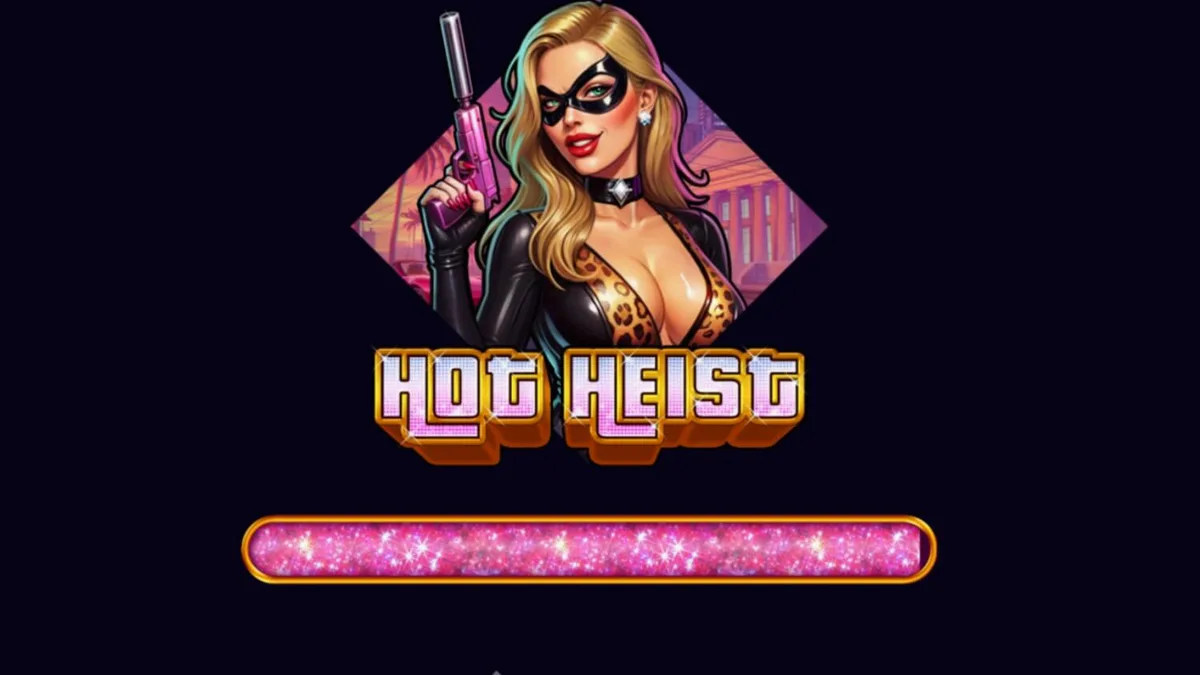Tampilan antarmuka slot Hot Heist dengan tema neon dan elemen kriminal