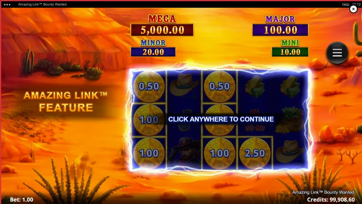 Pemandangan gurun pasir dengan siluet koboi dalam slot Amazing Link Bounty Wanted